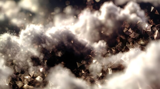 of irregular polygons dissolving into mist, varied transparency, soft illumination, floating fragments, atmospheric depth