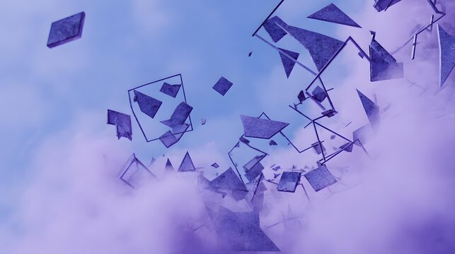 of irregular polygons dissolving into mist, varied transparency, soft illumination, floating fragments, atmospheric depth