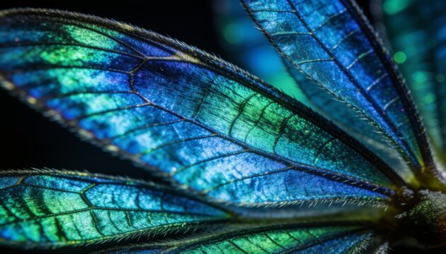 Dragonfly wing macro photography showcasing iridescent blue and green texture patterns