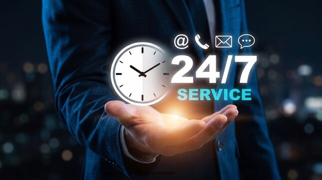 Businessman holding glowing holographic twenty four seven customer service icon