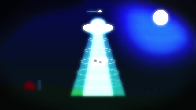 Flying saucer beam descends from night sky with moon during extraterrestrial encounter