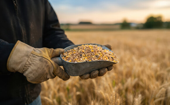 Farmer holding scoop of grain in wheat field representing agricultural harvest and crop production