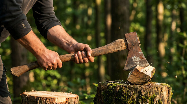 Muscular woodcutter splitting firewood with an axe on a tree stump in forest