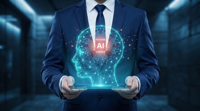 Businessman holding futuristic digital artificial intelligence brain hologram screen interface