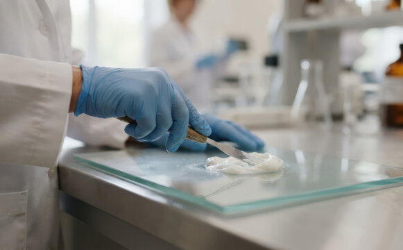A female pharmacist mixing a pharmaceutical cream with a spatula in a modern laboratory for medical research