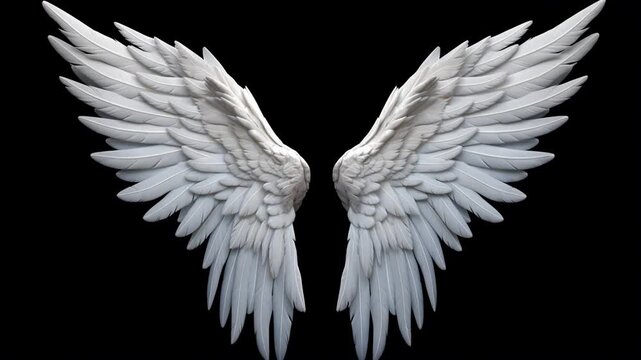 A stunning pair of pure white angel wings gently moving, isolated on a deep black background, perfect for spiritual and ethereal themes.