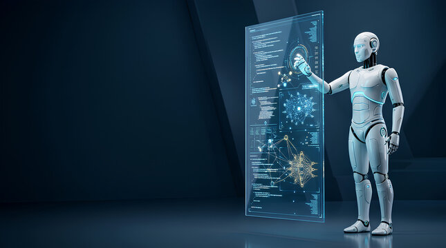 futuristic humanoid robot interacting with a transparent digital interface in high-tech environment reflecting advanced