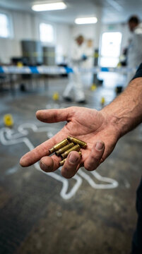 Crime Scene Investigation Hand Holding Bullet Casings with Chalk Outline and Forensic Team