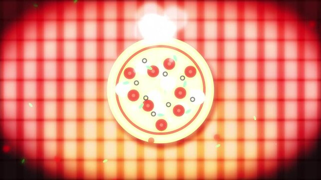 Pizza round with pepperoni spinning in red spotlight with grid pattern background