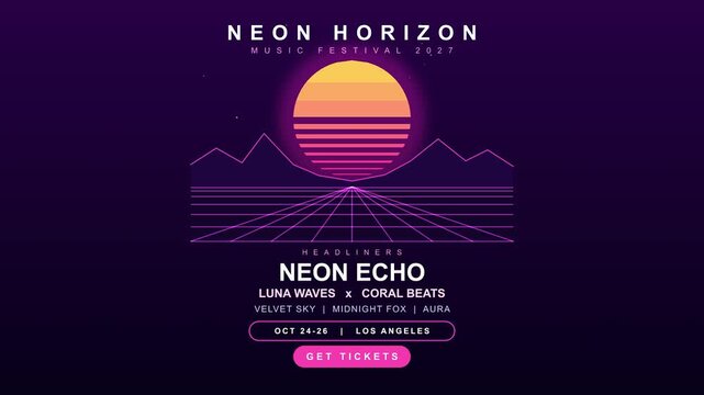 Retro Sunset Over Neon Grid With Pulsing Sun During Twilight