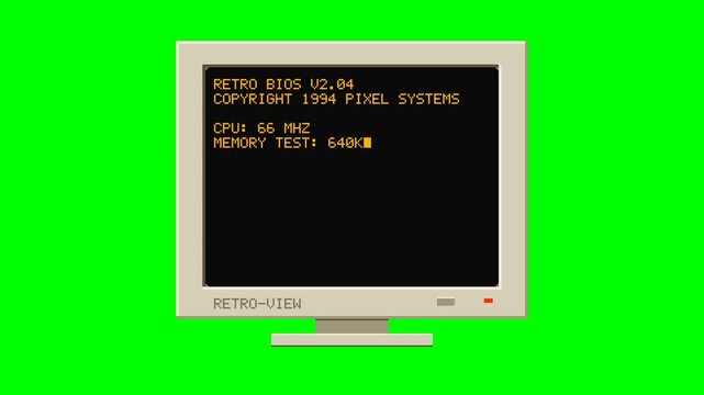 Retro CRT computer monitor booting with amber BIOS memory test and startup checks, nostalgic 90s pixel art boot screen animation on green screen background, seamless 10 second loop