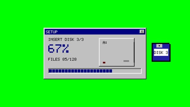 Retro computer software installation with floppy disks inserted one by one, setup progress bar and file counter, nostalgic 90s pixel art animation on green screen background, seamless 8 second loop