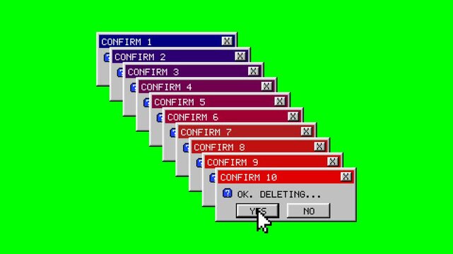 Retro computer confirmation pop-up windows stacking in a cascade, are you sure delete all files dialog fatigue, funny 90s pixel art animation on green screen background, seamless 7 second loop