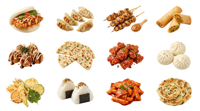 Asian street food collection isolated on white background, bao bun dumplings and skewers set, authentic oriental appetizers photo