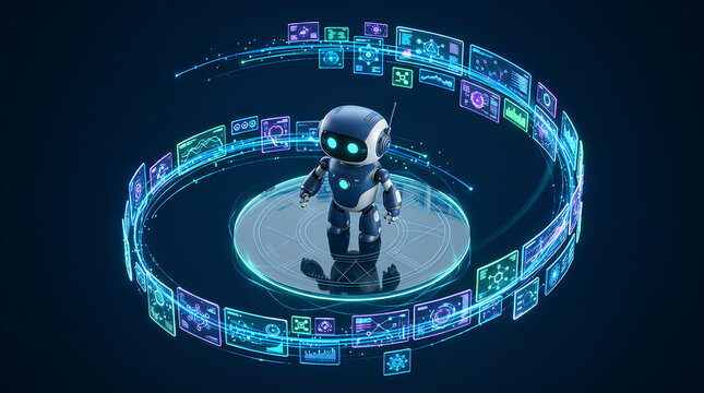 futuristic robot surrounded by holographic digital interface in a high-tech environment with glowing elements and advanced