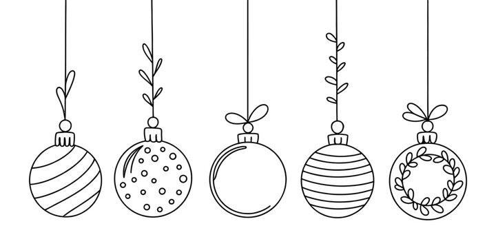 Set of five hanging christmas baubles line art illustrations Vector, illustration