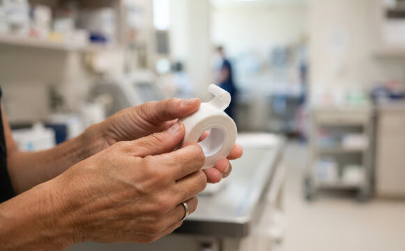 Female nurse holding medical adhesive tape roll in a hospital pharmacy concept of first aid