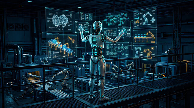 futuristic robotics research laboratory with humanoid robot and advanced automation technology