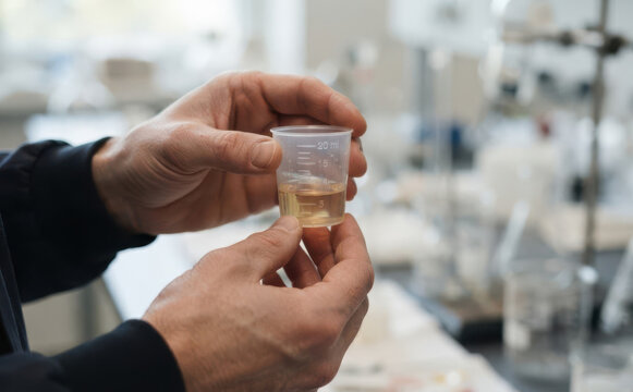 Adult male scientist holding measuring cup with yellow liquid in chemistry laboratory