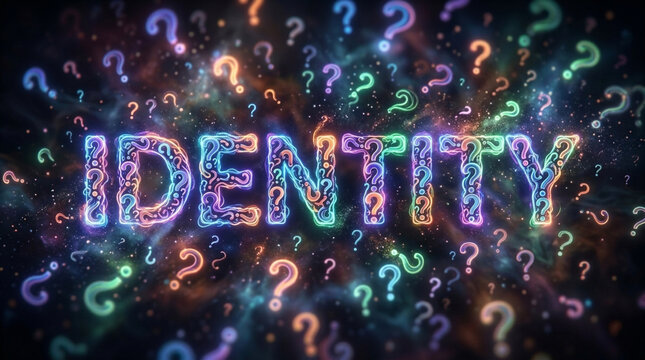 Colorful glowing IDENTITY text surrounded by numerous question marks representing confusion self discovery and existential queries