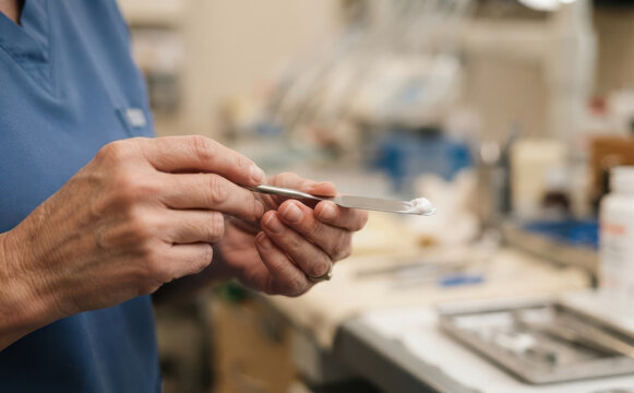 Dental assistant mixing dental cement with a spatula in a modern clinic for restorative treatment