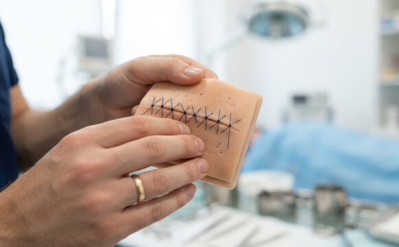 Medical student practicing surgical sutures on a synthetic skin pad in a hospital clinic room