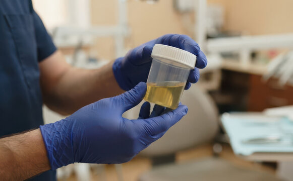 Medical professional in blue uniform holding a urine sample container in a doctor office for analysis