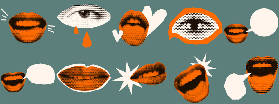 Talk and conversation mouth set in orange halftone on teal with cream speech bubble, framed eye, crying eye, lips, tongue and heart