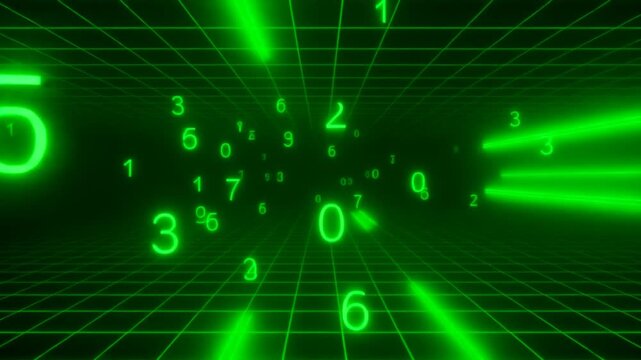 Futuristic cyber space with glowing green numbers and grid lines in a virtual digital data stream concept background