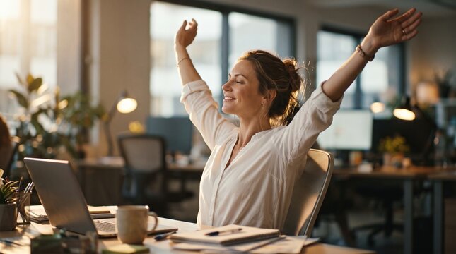 Professional Woman Stretching in Office at Sunset to Relieve Work Stress and Fatigue