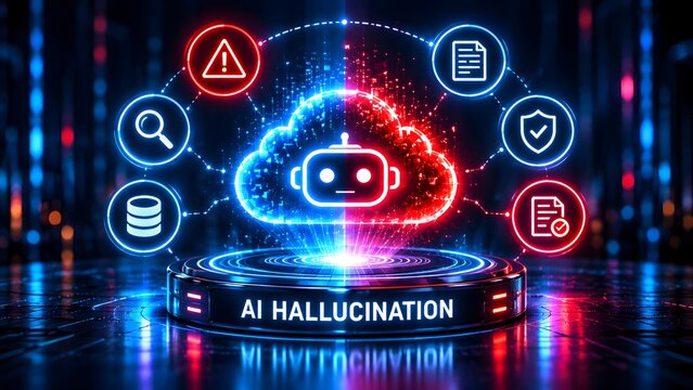 Conceptual 3D illustration of artificial intelligence hallucination with glowing robot head cloud error signs and digital data icons on futuristic podium