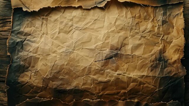 Close-up view of an aged, wrinkled, and charred paper sheet resting on a rustic wooden table surface.