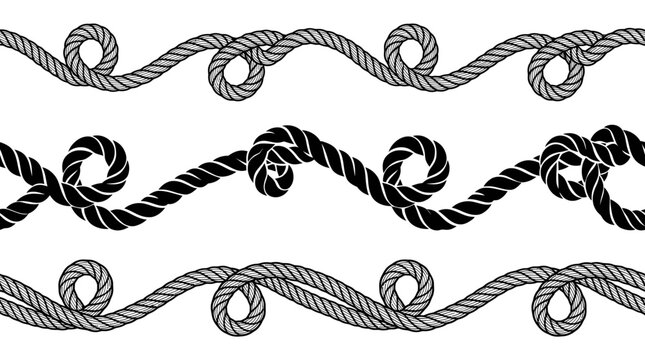 Seamless rope border set with curved lines and knots on white background, perfect for nautical design, marine branding and coastal packaging