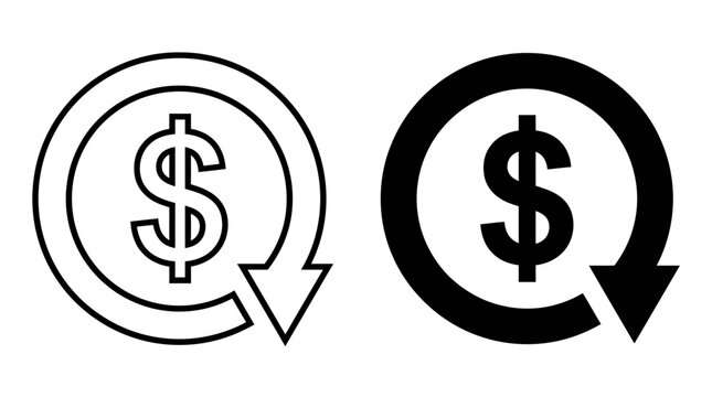 Cashback icon vector set featuring dollar currency sign with refund arrow symbol, perfect for financial presentation, banking application and investment report