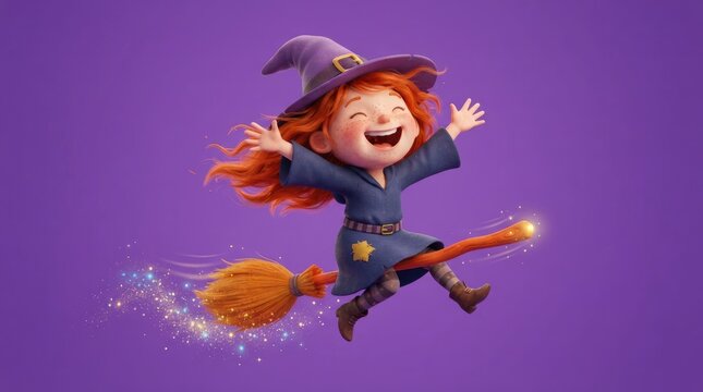 A cheerful young witch joyfully flies through the air on her broomstick. She has bright red hair, a wide smile, and is waving her arms enthusiastically.