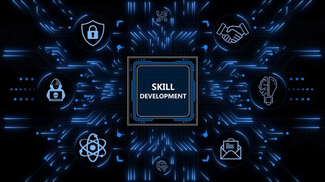 Skill development concept featuring a digital circuit board background with glowing nodes, lines, and multiple icons representing learning and