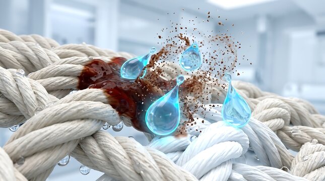 Active cleaning liquid drops dissolving stubborn brown stain on white fabric fibers macro closeup