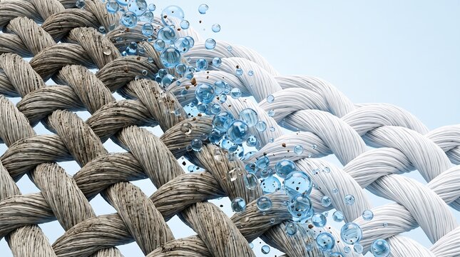Microscopic fabric fibers getting cleaned from dirt with water drops in macro view