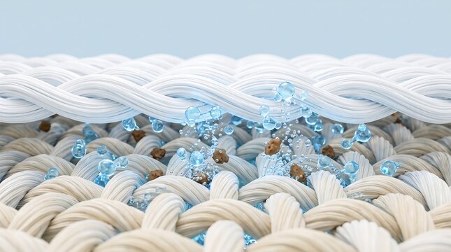 Microscopic view of microscopic water droplets cleansing dirty textile fibers with intense cleaning action