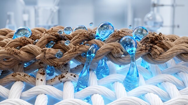 Microscopic textile fibers cleaning deeply with active blue liquid droplets lifting stubborn brown dirt particles