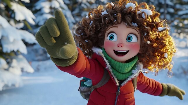 girl with curly brown hair,winter contrasting vividly against the snow