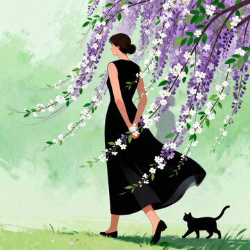 Lady In Black Dress Walking With Cat Under Wisteria