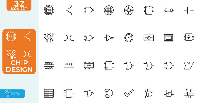 Electronic chip design and circuit component Vector illustration line editable Icons set. including cpu, gpu, fpga, dram, logic gates, transistors, and electrical symbols.