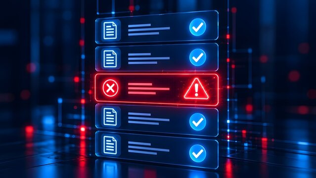 Digital document list showing a highlighted red rejected file with a warning sign among approved blue documents, representing compliance failure and data error.