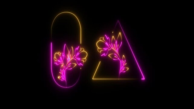 Neon flower art displaying glowing floral designs with geometric frames and light lines for decorative modern abstract bright botanical visuals