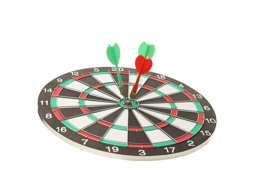 Dartboard with three darts in bullseye, isolated on white, PNG