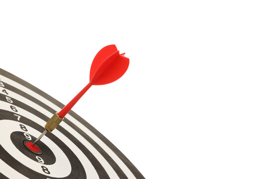 Dart strikes the center of the target board, isolated on white, PNG