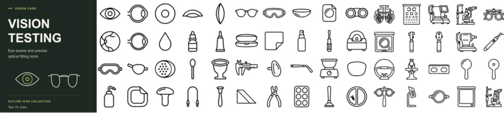 Vision Testing Equipment outline icon set. Featuring phoropter, exam chair, slit lamp, eye chart, and trial lenses symbols. Vector icons for clinical optometry and eyewear fitting.
