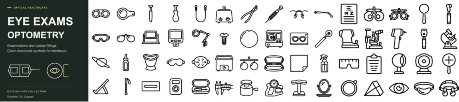 Eye Examination and Eyewear Care outline icon set. Featuring eye chart, trial frame, spectacles, lens, and optometer symbols. Vector icons for optometry testing and optical fittings.