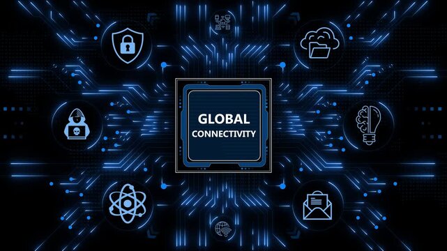Digital global connectivity with cyber security and network technology features showing data exchange on a central processor for network integration